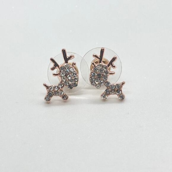 Rose Gold Plated Rhinestone Reindeer Earring Pair - Picture 3 of 8